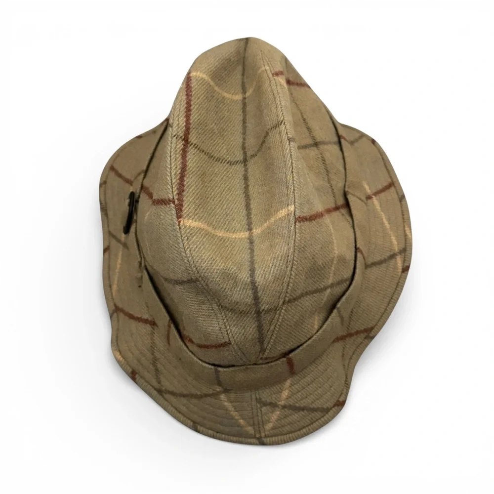 Burberry Vintage Fedora Hat Tan Plaid Windowpane Wool Multicolor Buckle 7 3/8 - Picture 8 of 13